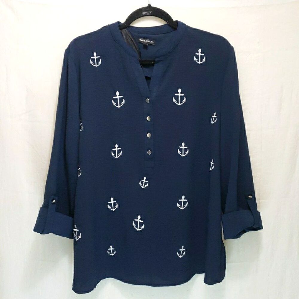 Ava & Viv Women's Size XL Navy Blue Anchor Blouse Embroidered Nautical Henley